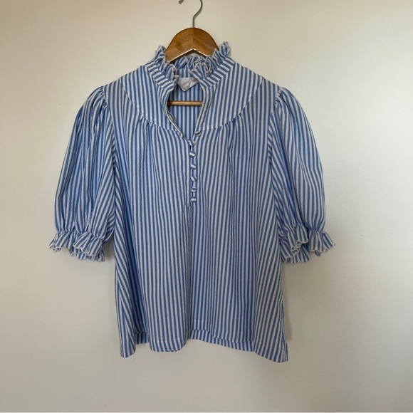 Tuckernuck Pomander Place  Blue Stripe Selena Blouse Top Size M Preppy Coast - Picture 3 of 6
